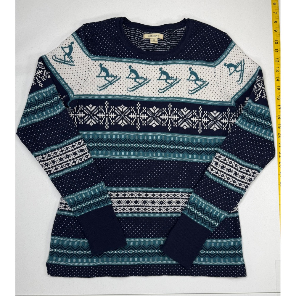 Vintage Fair Isle Sweater Womens M Navy Blue Skier Cotton Knit Gorpcore Winter